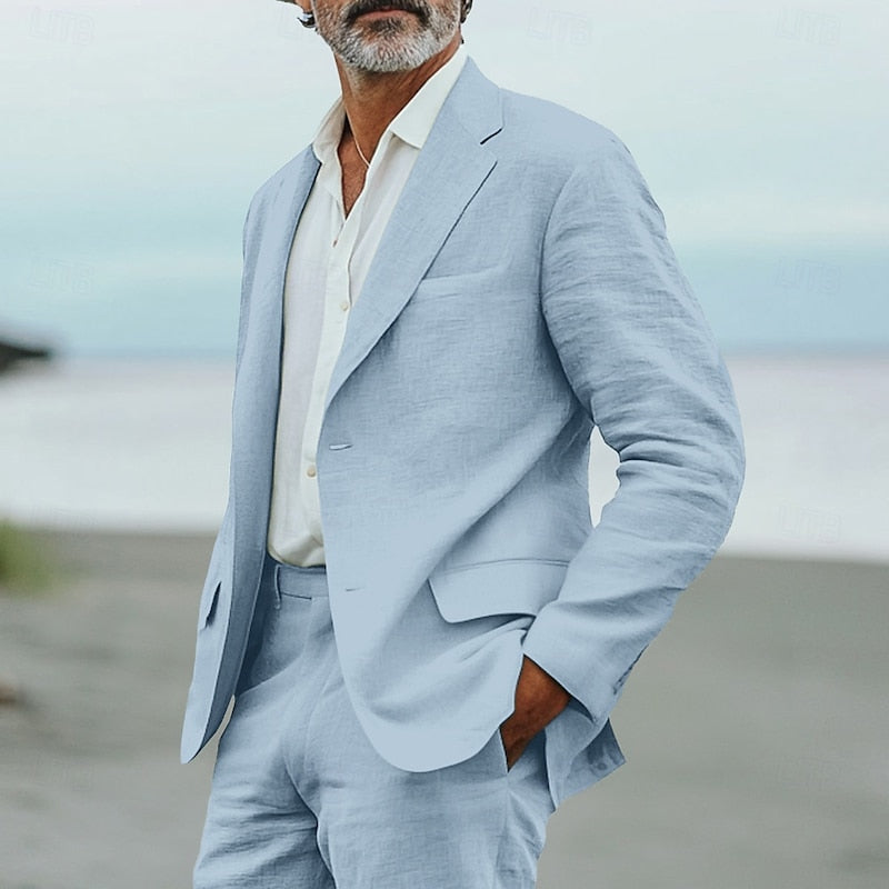 Completo lino uomo elegante estivo, due pezzi. Tessuto leggero, traspirante. Ideale per eventi formali e casual.