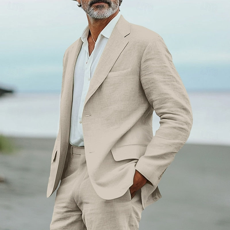 Completo lino uomo elegante estivo, due pezzi. Tessuto leggero, traspirante. Ideale per eventi formali e casual.