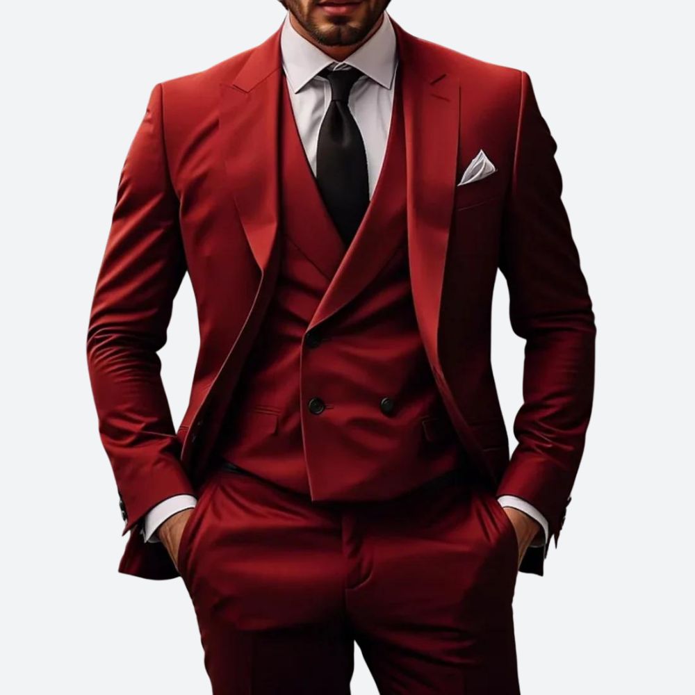 "Completo uomo 3 pezzi elegante in vari colori, giacca, gilet e pantaloni, vista frontale, stile classico e moderno."