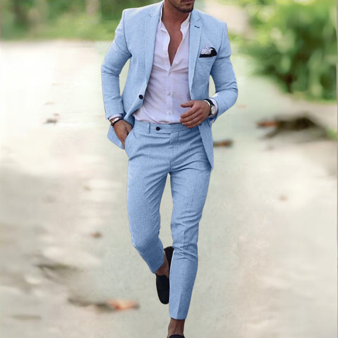 "Completo Uomo Elegante Simone, giacca e pantaloni in tessuto traspirante, vari colori classici: azzurro, beige, verde"