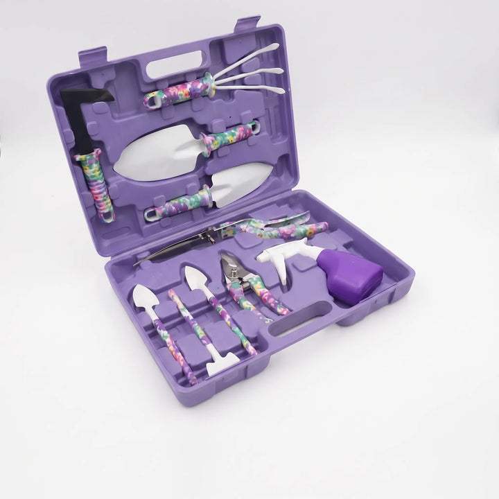 Gardening hand tool set used for potting indoor plants, digging, & weeding in a home garden. Essential kit.