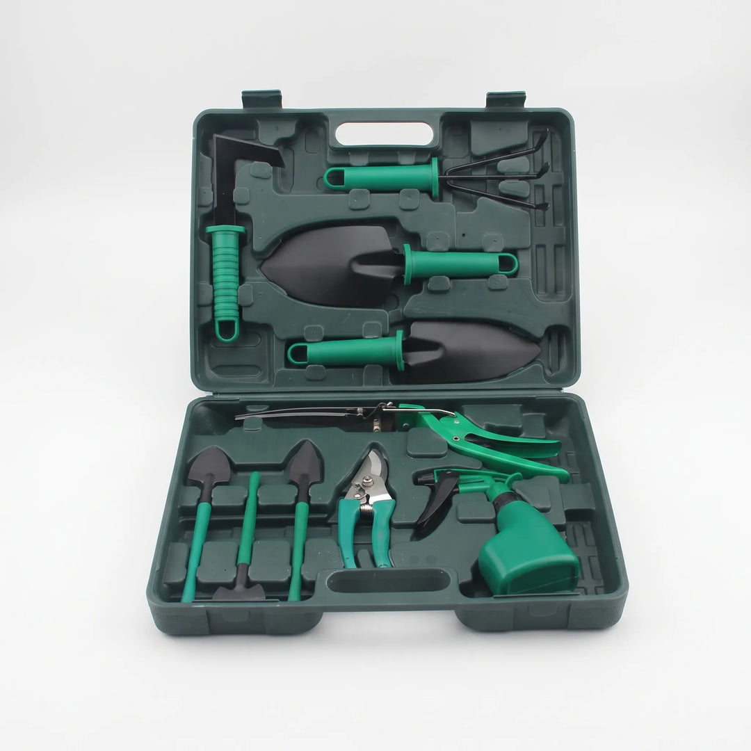 Versatile 10-piece gardening tool set including trowel, weeder, pruner & gloves for diverse garden & indoor plant care.