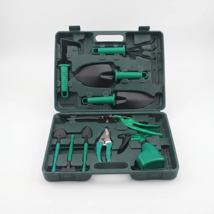 Versatile 10-piece gardening tool set including trowel, weeder, pruner & gloves for diverse garden & indoor plant care.