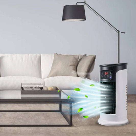 "Condizionatore portatile bianco su ruote, design compatto, per rinfrescamento interno senza finestre, ideale per casa o uffi