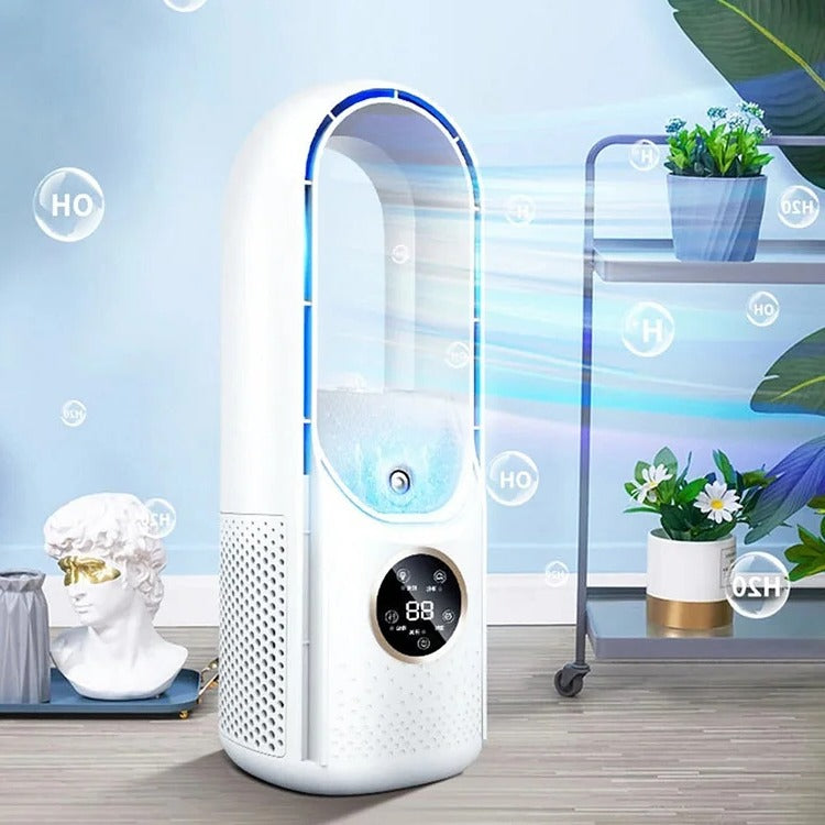 "Condizionatore portatile silenzioso bianco, design compatto senza lame, maniglia integrata per casa o ufficio, raffreddament