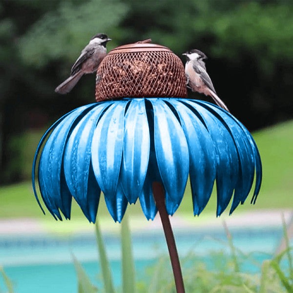 Coneflower bird feeder for garden, made of durable metal to attract wild birds, enhancing yard decor and birdwatching.