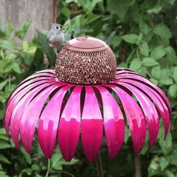 Weather-resistant metal coneflower bird feeder, perfect outdoor living decor for attracting wild birds to your yard.