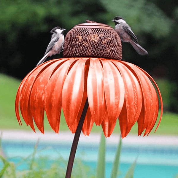 Decorative coneflower bird feeder, designed for easy refill, drawing various wild birds to any garden or yard space.