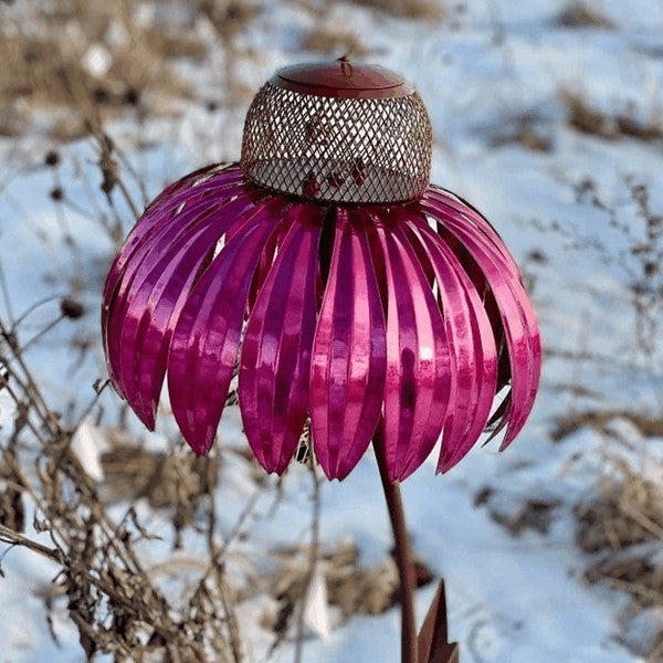 Vibrant coneflower bird feeder, ideal garden decor and yard art for birdwatching enthusiasts, durable and stylish.