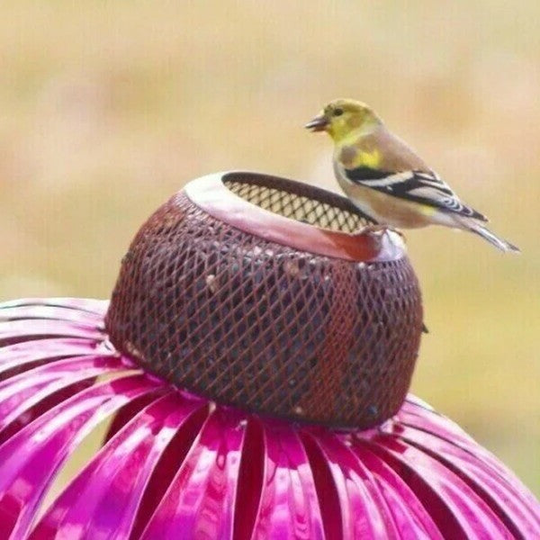 Easy-refill coneflower bird feeder, weather-resistant metal design enhances garden decor and supports wild bird feeding.