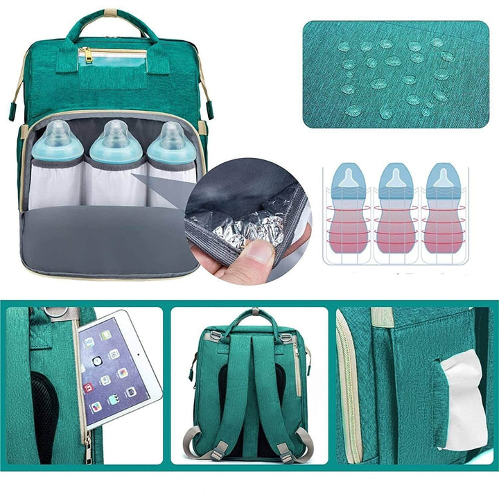 Durable, waterproof baby gear backpack with integrated portable bassinet, a parent essential.