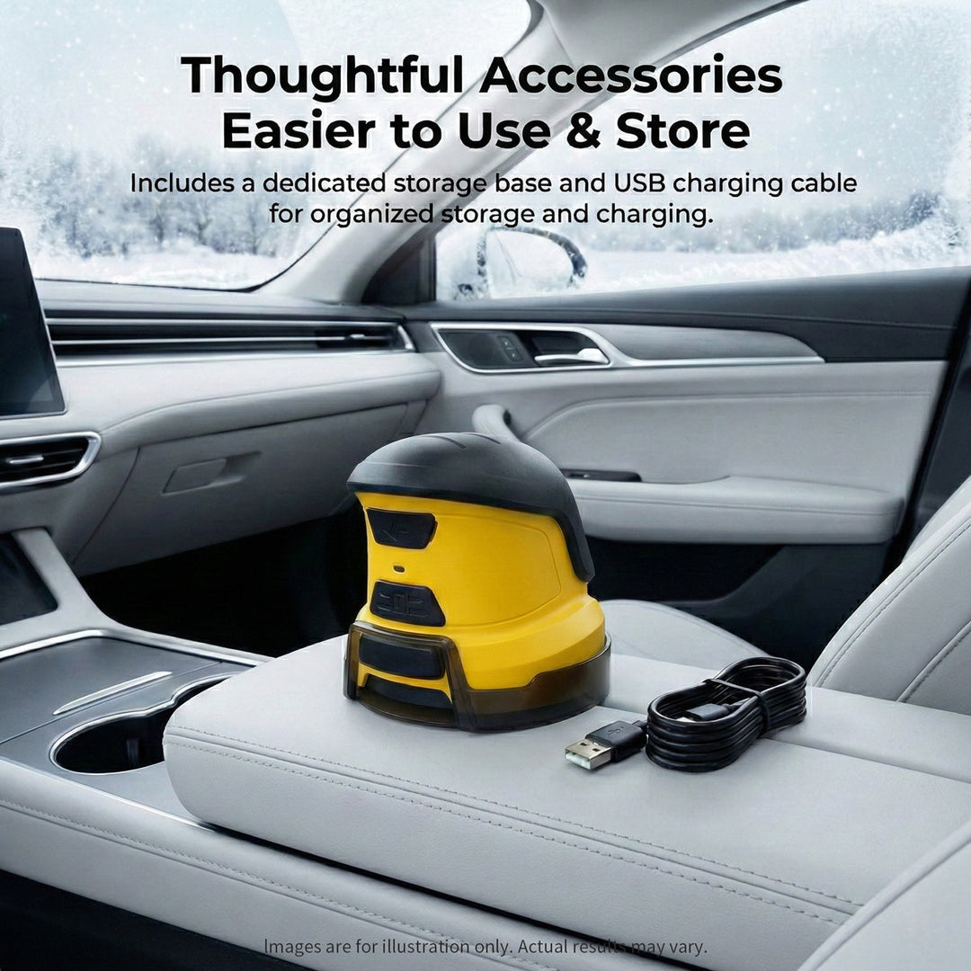 Front view of a cordless electric car window ice scraper, showing its rugged design.