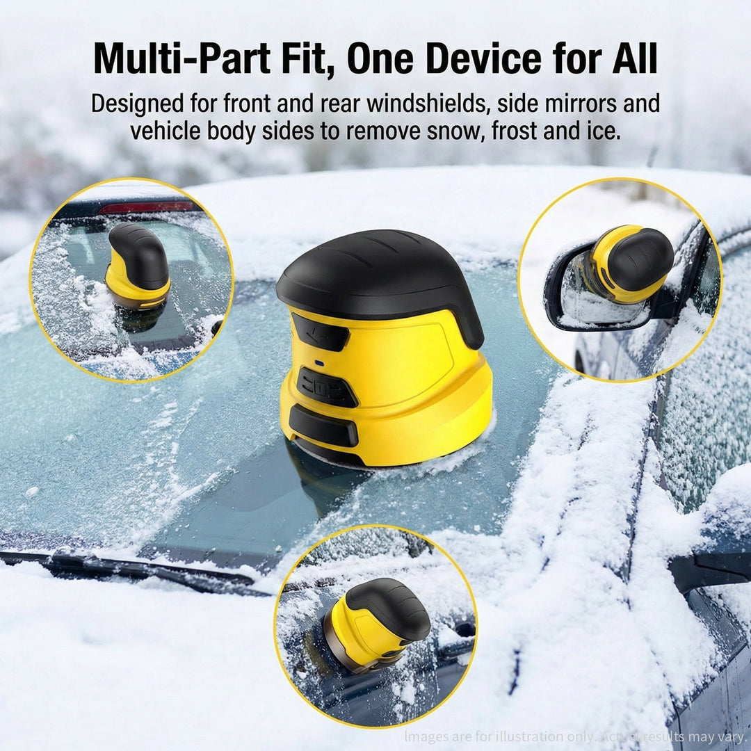 Cordless car window ice scraper in action, effectively clearing frost and snow from glass.