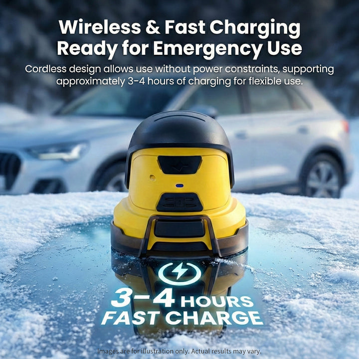 Hand holding a cordless electric car de-icer, ready for use on a frozen windshield.