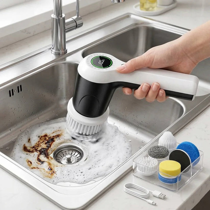 Household cordless electric scrubber with long handle for deep cleaning. A convenient power cleaning brush tool.