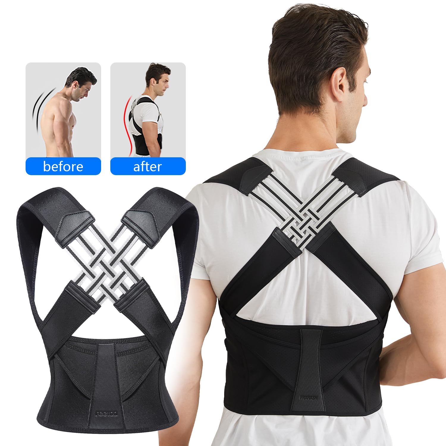 Correttore posturale regolabile nero, design ergonomico e traspirante, con spallacci per supporto dorsale ottimale.