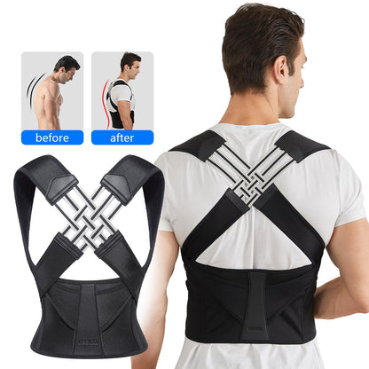 Correttore posturale regolabile nero, design ergonomico e traspirante, con spallacci per supporto dorsale ottimale.