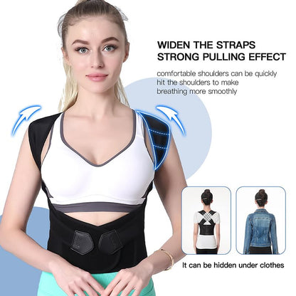 Correttore posturale regolabile nero, design ergonomico e traspirante, con spallacci per supporto dorsale ottimale.