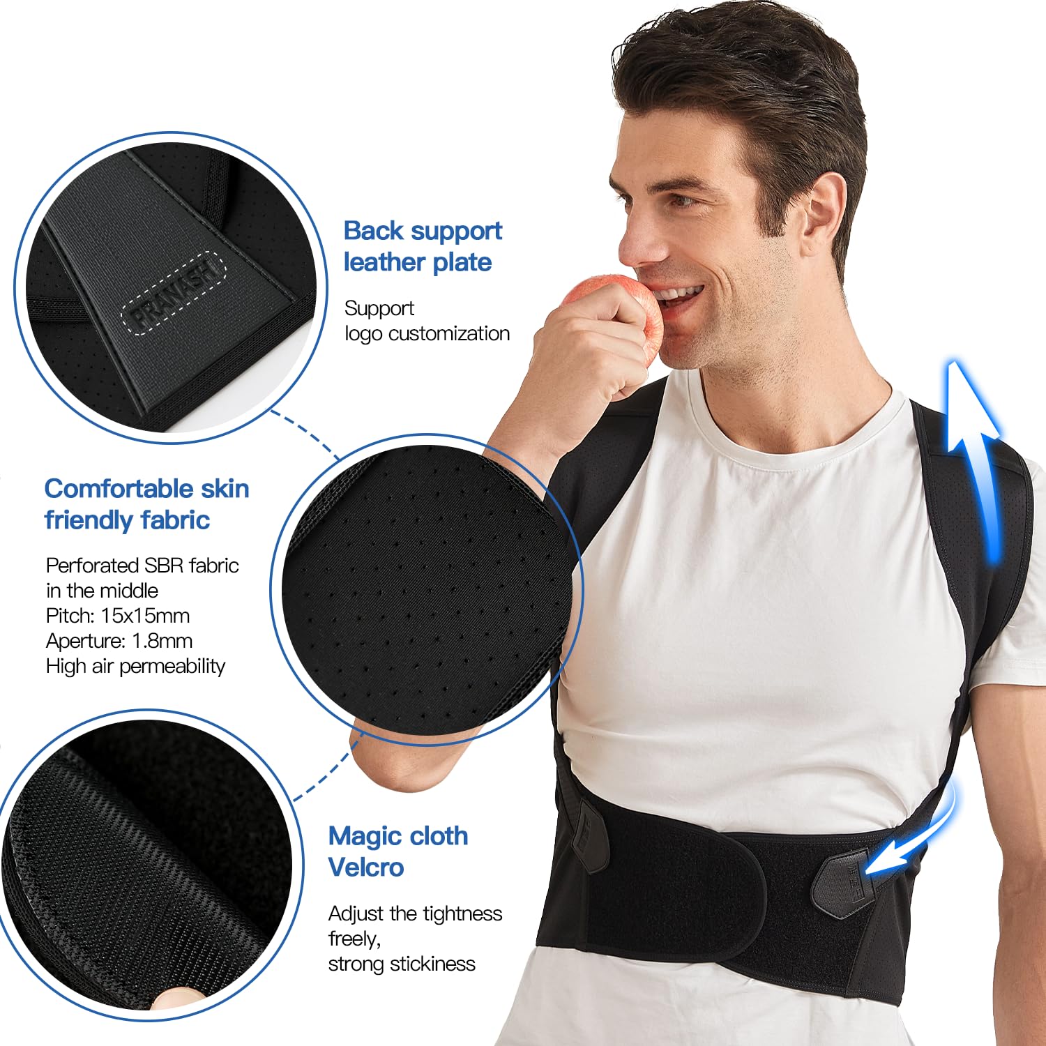 Correttore posturale regolabile nero, design ergonomico e traspirante, con spallacci per supporto dorsale ottimale.
