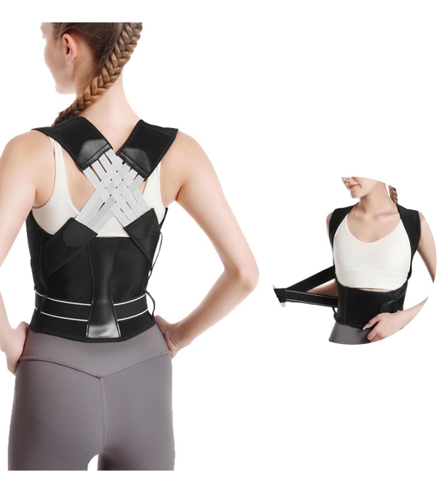 Correttore posturale regolabile nero, design ergonomico e traspirante, con spallacci per supporto dorsale ottimale.