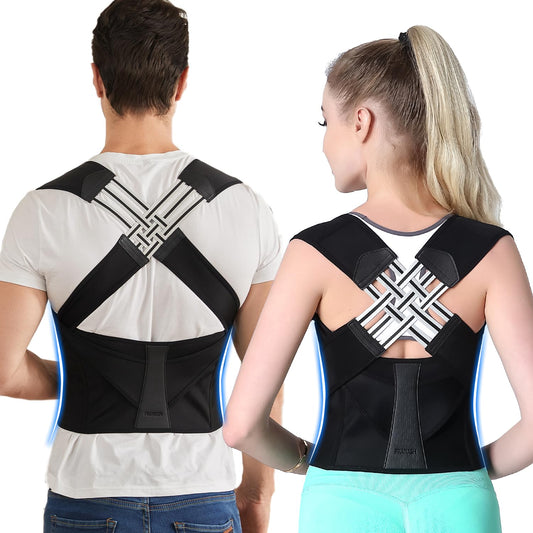Correttore posturale unisex regolabile, design elegante, nero, sotto vestiti, comfort, supporto schiena, traspirante.
