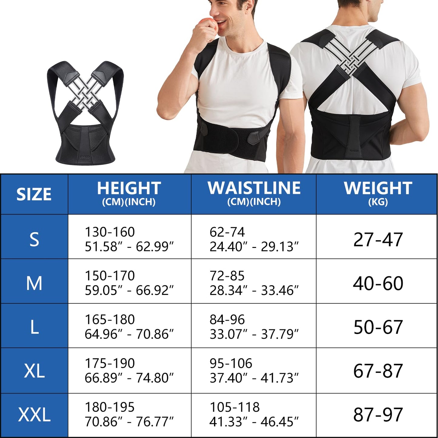 Correttore posturale unisex regolabile, design elegante, nero, sotto vestiti, comfort, supporto schiena, traspirante.
