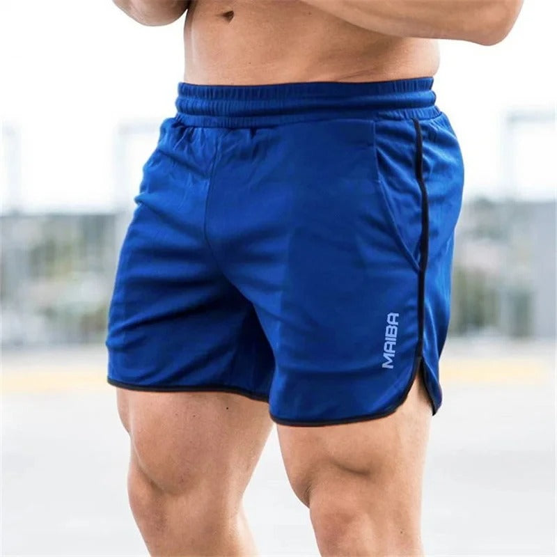 "Costume da bagno uomo slim-fit elasticizzato blu con vita regolabile, cuciture sottili e tessuto a rapida asciugatura."