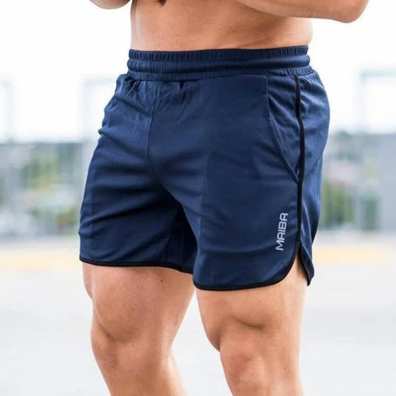 "Costume da bagno uomo slim-fit elasticizzato blu con vita regolabile, cuciture sottili e tessuto a rapida asciugatura."