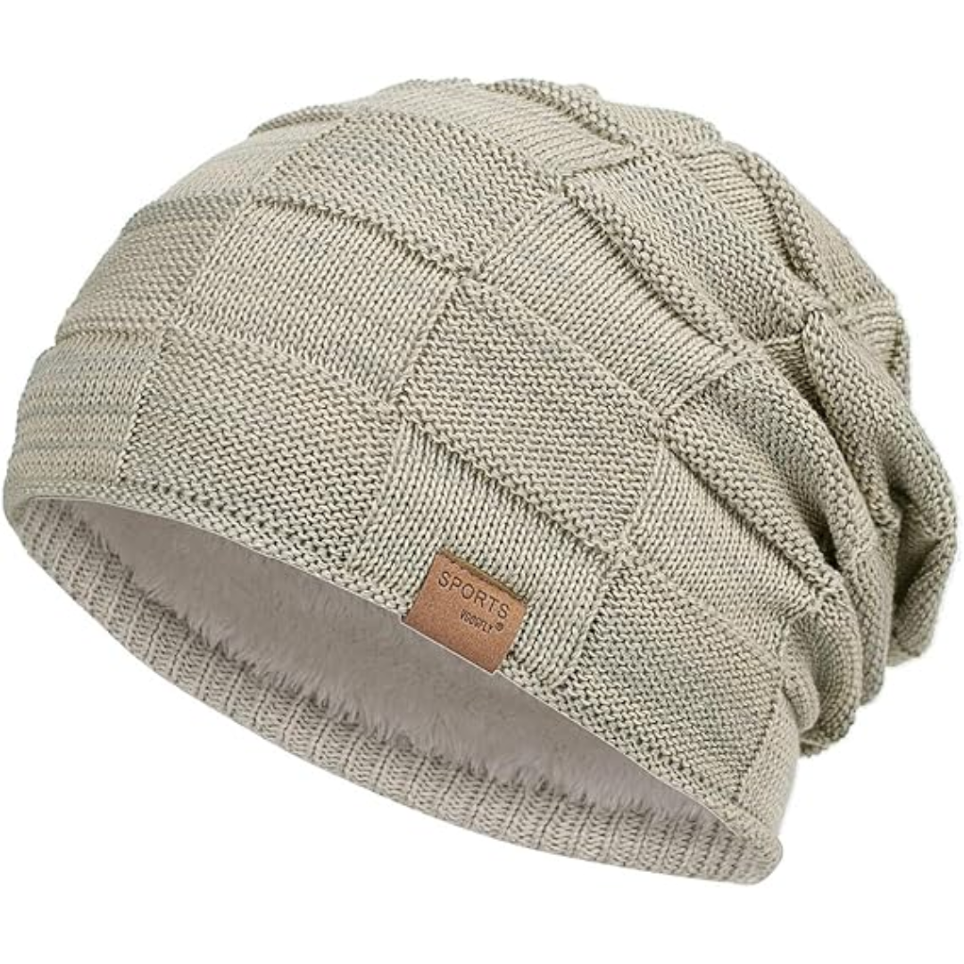 Cozy knit slouchy beanie for men & women. Warm winter hat, a stylish cold weather fashion accessory.