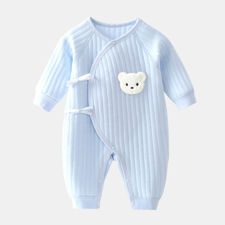 Cozy unisex baby bodysuit with cute bear applique, perfect for comfortable spring and fall wear.