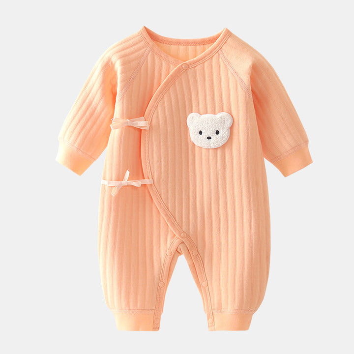 Adorable bear applique baby bodysuit, a cozy infant outfit for spring and fall, offering ultimate comfort.