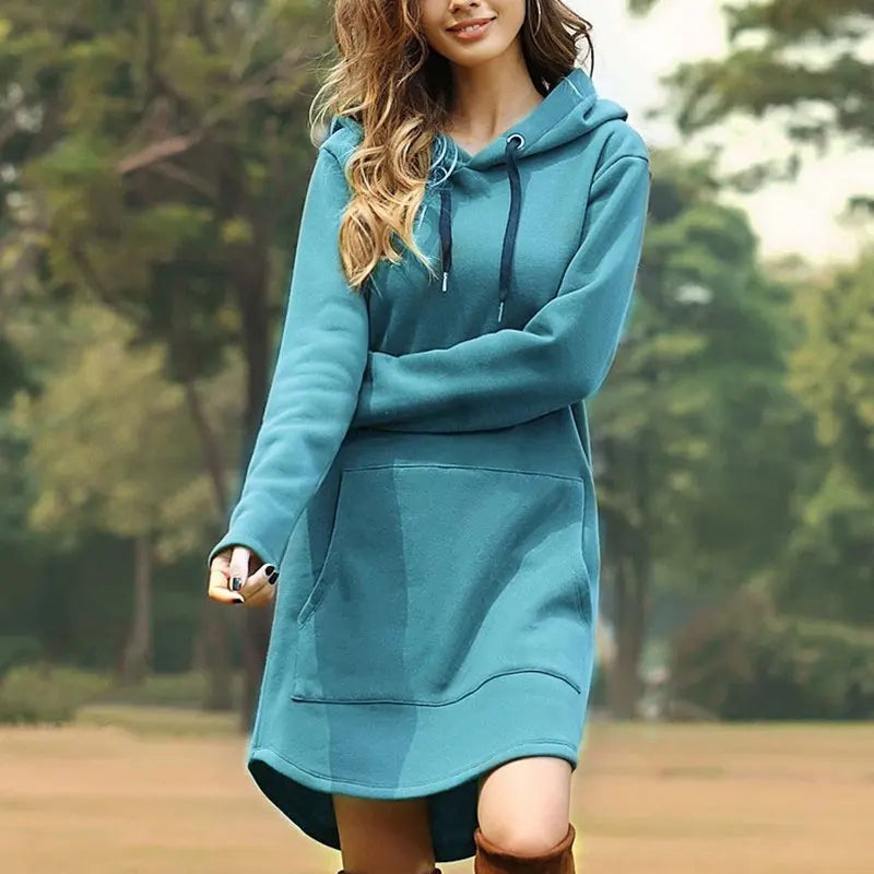 Soft long sleeve women's hoodie dress, offering cozy comfort and stylish casual appeal.