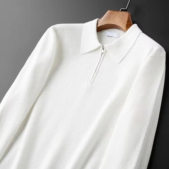 Elegant women's zip-collar sweater, a comfortable pullover top for everyday casual style & fall fashion.