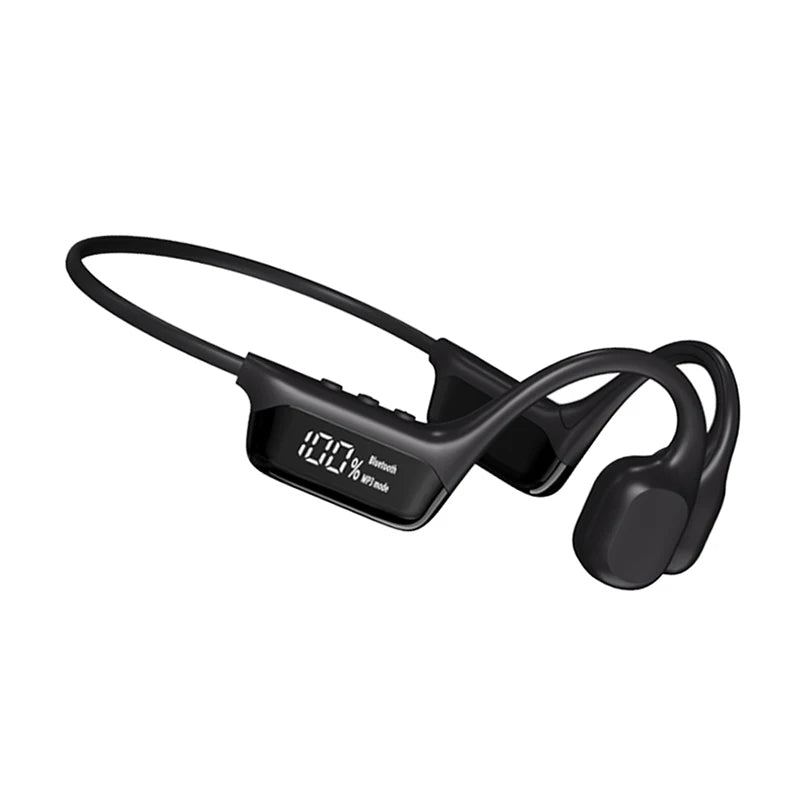 "Cuffie conduzione ossea impermeabili nere e blu con vestibilità open-ear per nuoto, Bluetooth 5.4 e MP3 integrato."
