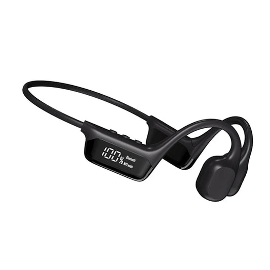 "Cuffie conduzione ossea impermeabili nere e blu con vestibilità open-ear per nuoto, Bluetooth 5.4 e MP3 integrato."