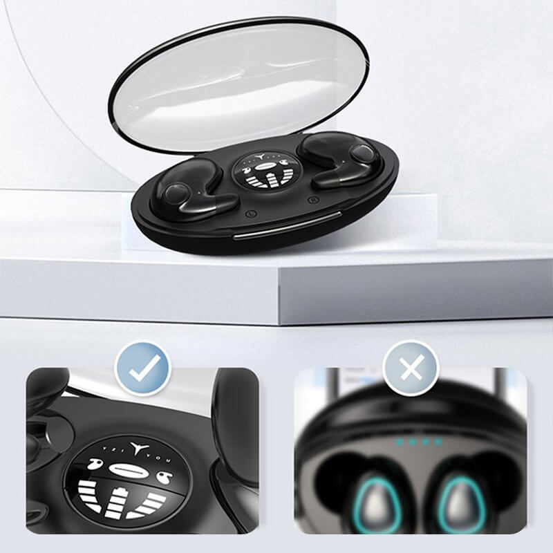 Cuffie wireless invisibili ultraleggere IPX5, nere, per dormire con comfort, cancellazione rumore e durata batteria 24 ore.