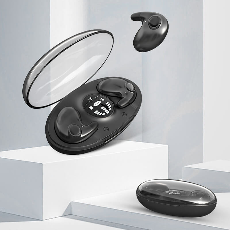 Cuffie wireless invisibili ultraleggere IPX5, nere, per dormire con comfort, cancellazione rumore e durata batteria 24 ore.