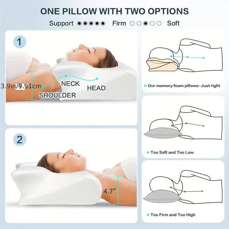 "Cuscino ergonomico in memory foam a farfalla con braccioli, ideale per supporto e comfort laterale durante il sonno."