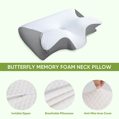 "Cuscino ergonomico in memory foam a farfalla con braccioli, ideale per supporto e comfort laterale durante il sonno."