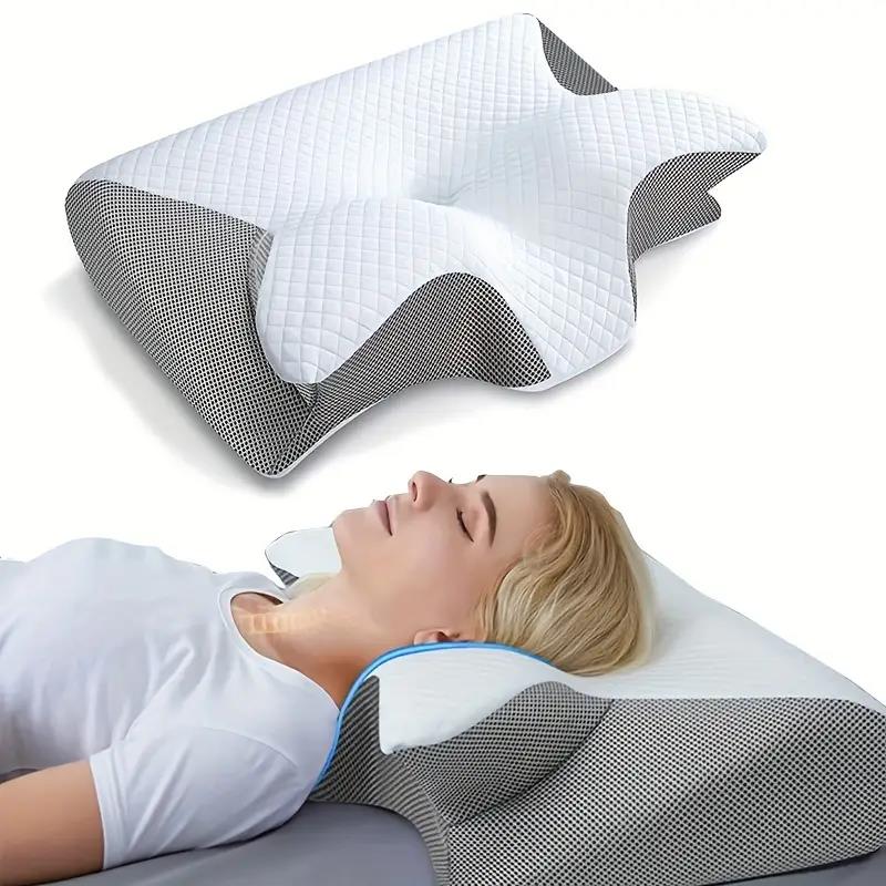 "Cuscino ergonomico in memory foam a farfalla con braccioli, ideale per supporto e comfort laterale durante il sonno."