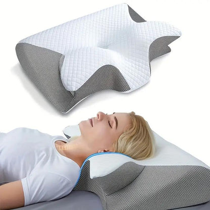 "Cuscino ergonomico in memory foam a farfalla con braccioli, ideale per supporto e comfort laterale durante il sonno."