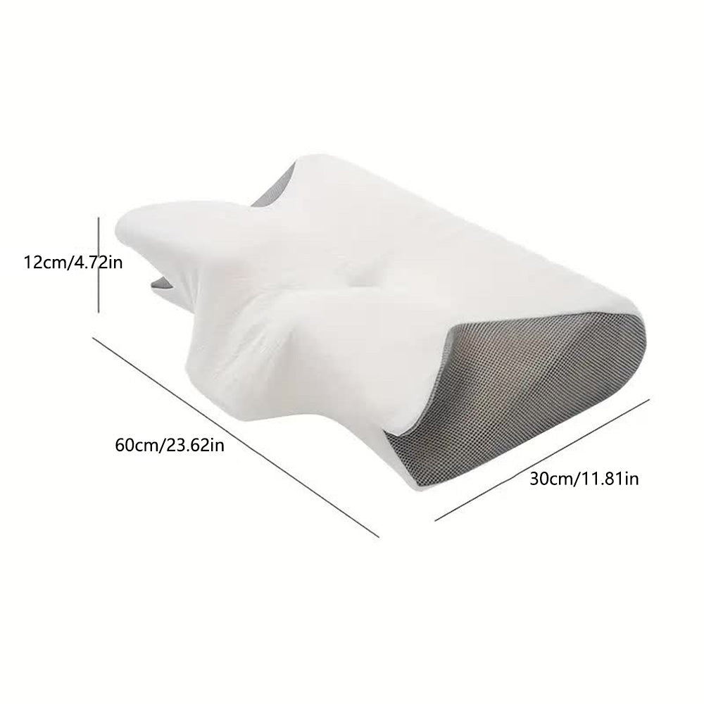 "Cuscino ergonomico in memory foam a farfalla con braccioli, ideale per supporto e comfort laterale durante il sonno."