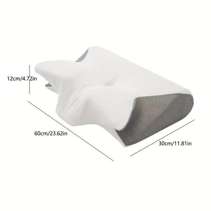 "Cuscino ergonomico in memory foam a farfalla con braccioli, ideale per supporto e comfort laterale durante il sonno."