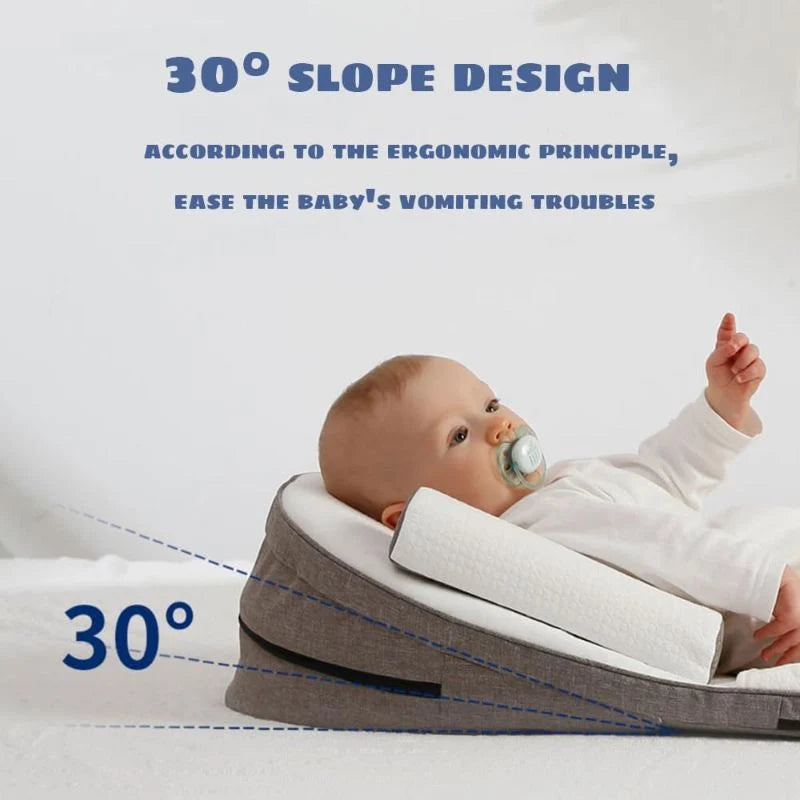 "Cuscino laterale antiriflusso neonato, bianco, con inclinazione per favorire il sonno sicuro e ridurre il reflusso."