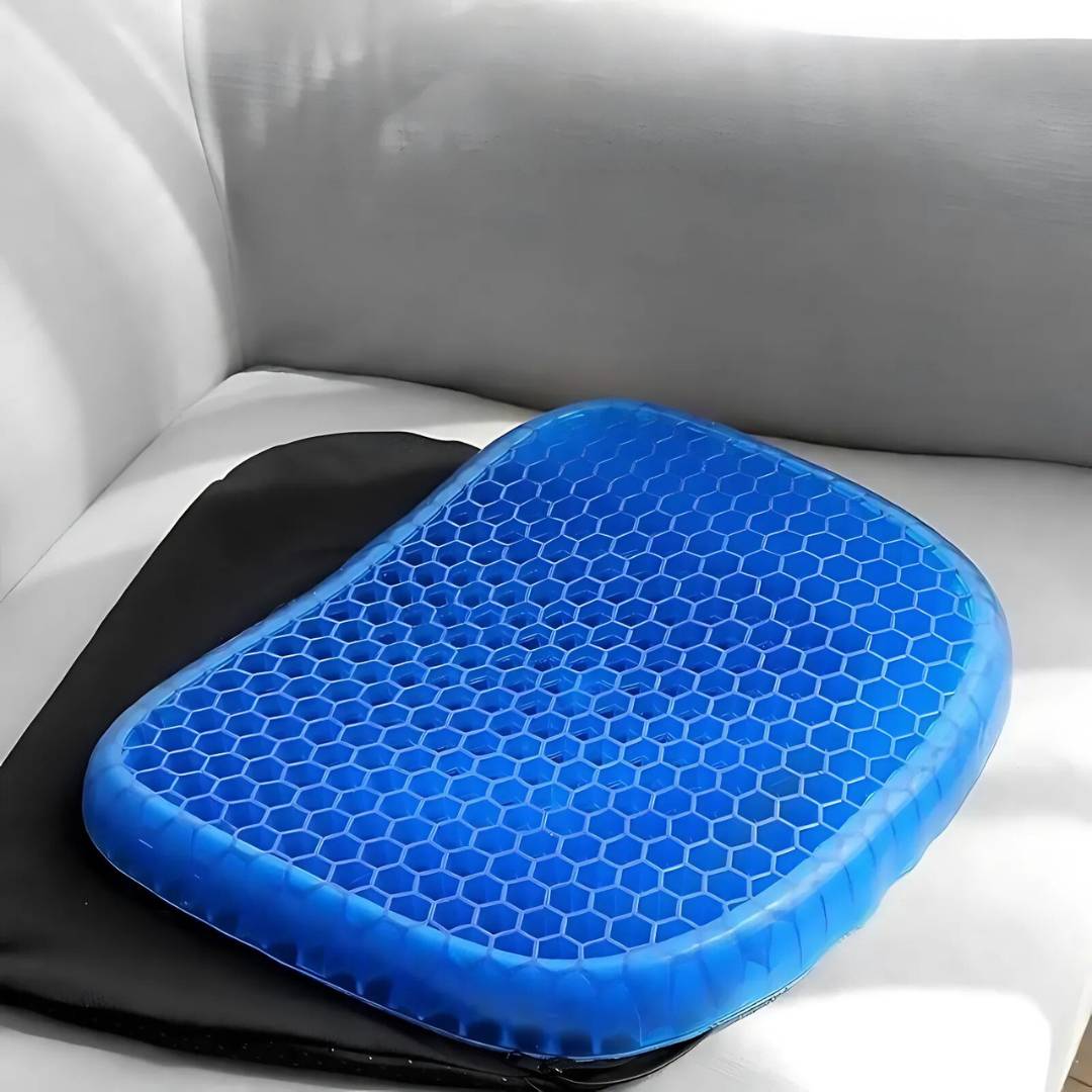 Cuscino ortopedico ComfortGel blu, gel interno, supporto schiena e coccige, perfetto per sedie ufficio e auto.