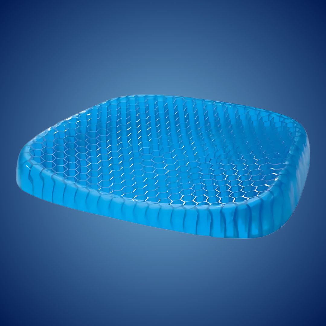 Cuscino ortopedico ComfortGel blu, gel interno, supporto schiena e coccige, perfetto per sedie ufficio e auto.