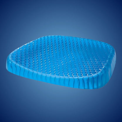 Cuscino ortopedico ComfortGel blu, gel interno, supporto schiena e coccige, perfetto per sedie ufficio e auto.