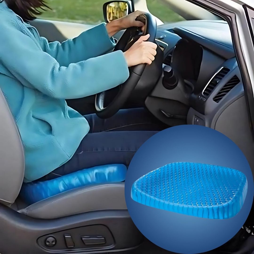 Cuscino ortopedico ComfortGel blu, gel interno, supporto schiena e coccige, perfetto per sedie ufficio e auto.