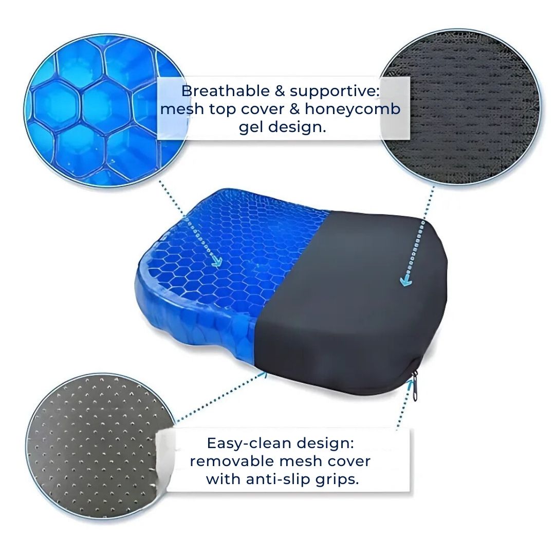 Cuscino ortopedico ComfortGel blu, gel interno, supporto schiena e coccige, perfetto per sedie ufficio e auto.