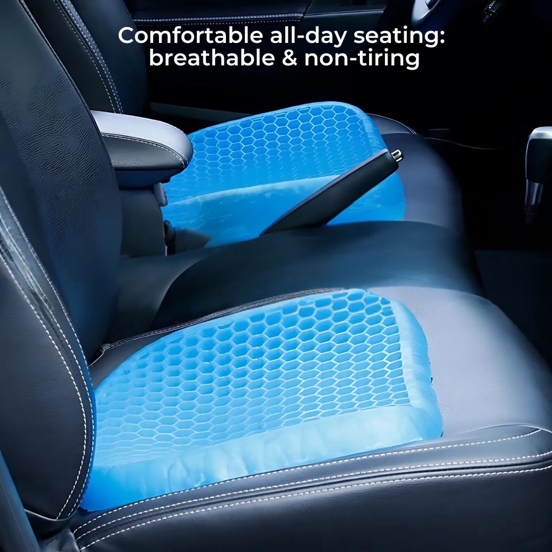 Cuscino ortopedico ComfortGel blu, gel interno, supporto schiena e coccige, perfetto per sedie ufficio e auto.